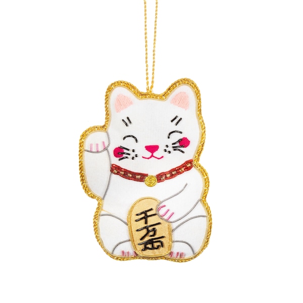 Lucky Cat Shaped Embroidered Ornament Fabric Bauble White Red Pink Gold Christmas Decoration Hanging Tree Zari