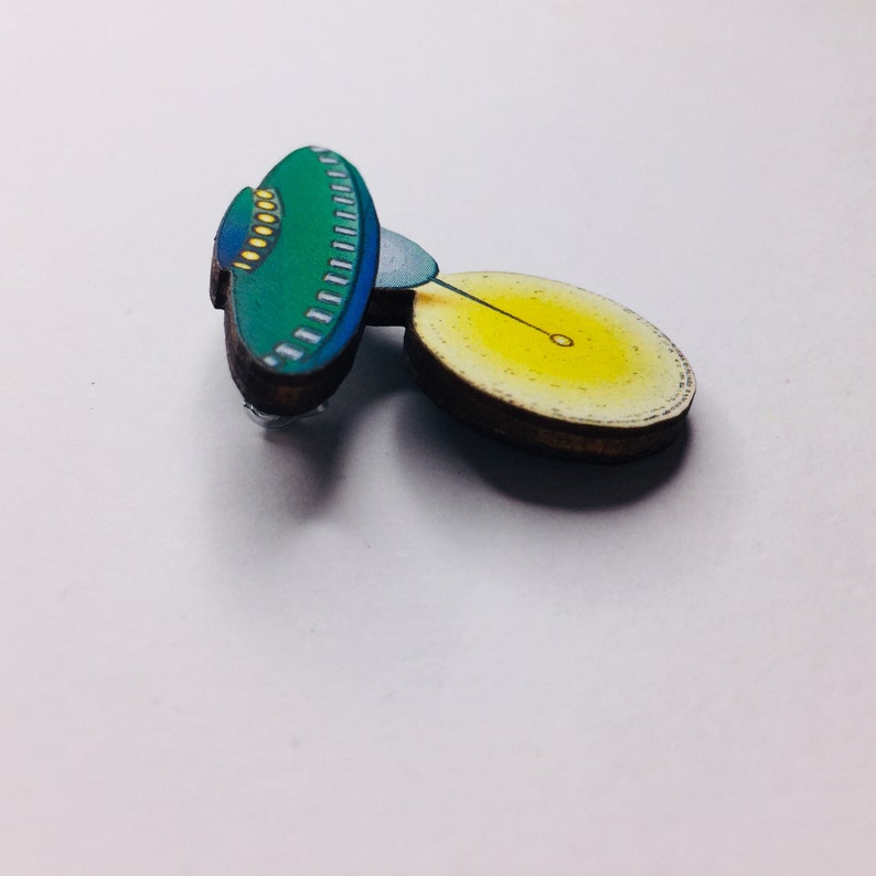 Fancy Dress Alien Outer Space Green Yellow UFO Wooden Brooch Pin Laser Cut Jewellery Quirky Birthday Gift Present Unique for Her Him