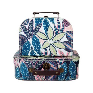 Conjunto de 2 folhas de folhas verdes azuis, rosa, planta, estampa colorida, prateleira de armazenamento, alça de transporte, fotos, memória konmari, arrumação de casa