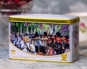 Queen Elizabeth II Trooping The Colour White and Gold Tea Tin 40 Bags of English Breakfast Vintage Party Teacup Teapot Design Birthday Gift