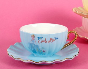 Cinderella Blue Princess Tea Cup and Saucer with Gold Handle Made from Stoneware Birthday Gift for Afternoon Tea with Collectable Gift Box