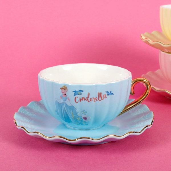 Cinderella Blue Princess Tea Cup and Saucer with Gold Handle Made from Stoneware Birthday Gift for Afternoon Tea with Collectable Gift Box