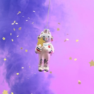 Astronaut Cat with Star Shaped Bauble White Red Gold Glass Christmas Decoration Hanging For Xmas Tree Grey Kitten Ornament Novelty Gift