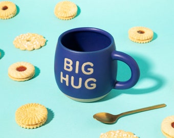 Blue Big Hug Mug with Handle Cup Beige Quote Birthday Present Gift for Tea Coffee Lover Vintage His Hers Stoneware Kitchen Accessories