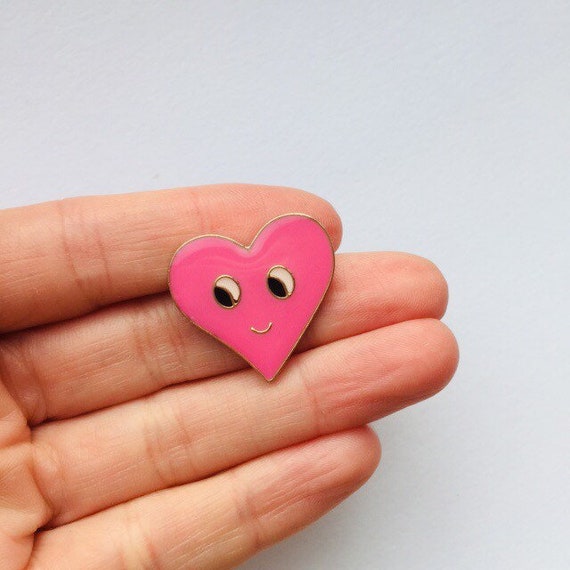 Pink Heart Smiling Kawaii Kitsch Enamel Pin Gold Lapel Valentine's