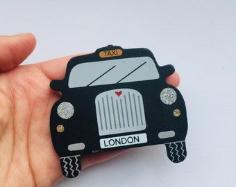 London Taxi Black Cab Wooden Brooch Pin Outfit Accessory Rockabilly Birthday Gift Present Unique Tourist Christmas UK Iconic Car England
