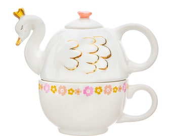 Swan Shaped Teapot White Gold Stacking Tea Cup Pot Set Drinking Mother's Day Birthday Garden Party Novelty Gift China Ballet