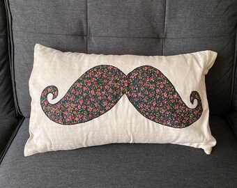 Moustache Cushion Black Floral Appliqué on Beige with Inner Complete for Sofa Chair Bed Home Decoration