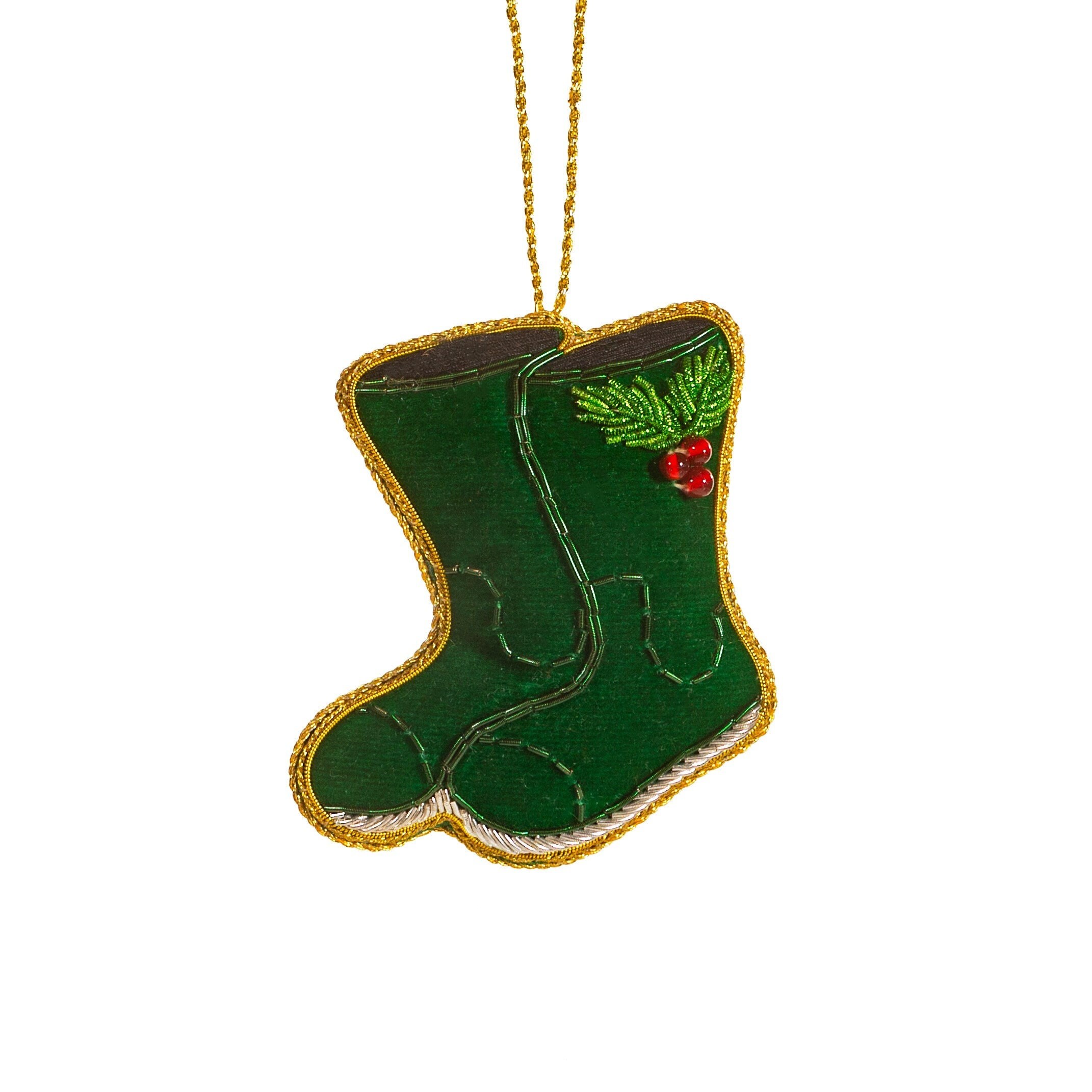 Vert Wellies En Forme Brodé Ornement Tissu Boule Wellington Bottes Jardin Jardinier Décoration De Noël Suspendu Arbre Zari