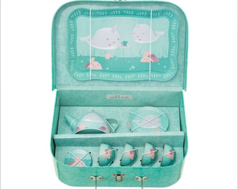 Narwhal Sea Kids Teaset Pink Turquoise Blue Teapot Set of 4 Tea Cup Saucer and Plate Tin Playtime Picnic Toy in Childrens Carry Suitcase