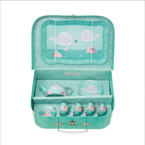 Narwhal Sea Kids Teaset Pink Turquoise Blue Teapot Set of 4 Tea Cup Saucer and Plate Tin Playtime Picnic Toy in Childrens Carry Suitcase