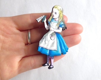 Alice in Wonderland Holding a Bottle with Drink me Wooden Brooch Pin Unbirthday Gift Afternoon Madhatter's Tea Party Costume Outfit Hen Do