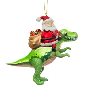 Santa on a Dinosaur Shaped Bauble Red White Green Glass Father Christmas Decoration Hanging Xmas Tree Ornament Novelty Gift