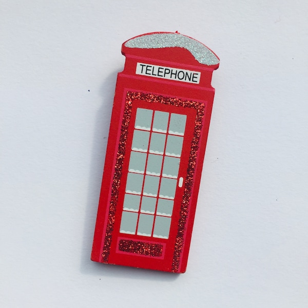 London Glittery Red Telephone Box Wooden Brooch Pin Outfit British Birthday Gift Present Unique Tourist UK Iconic Phone Box History England