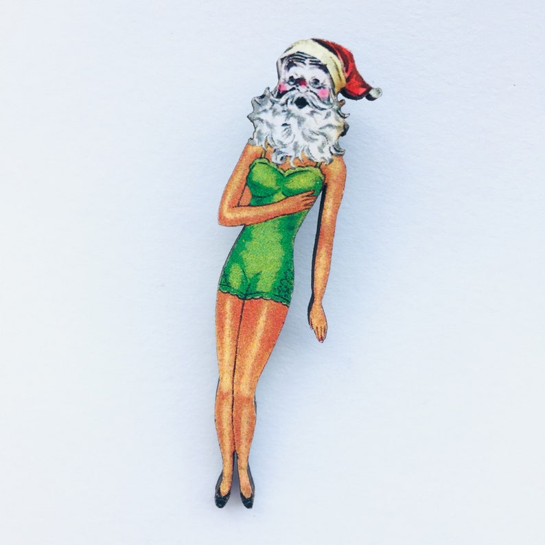 Laser Cut Wooden Brooch Green Dress Outfit Vintage Fashion Model Birthday Christmas Gift 1960s Lady with Santas Head