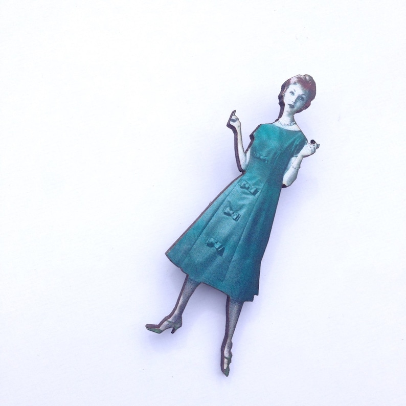 1950s 1960s Lady wearing Dark Green dress Vintage Fashion Model Wooden brooch pin Birthday Gifts for Fashion Student Gifts Burlesque Pinup