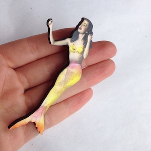 Mermaid Yellow and Pink Tail Wooden Brooch pin Seaside Princess Birthday Party Victorian Style Gift Pin Up Burlesque
