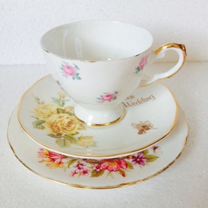 Mismatch Trio Pink Yellow Rose Golden Wedding Made in England Vintage Bone China Teacup and Saucer Plate Princess Colcough Tuscan Flowers