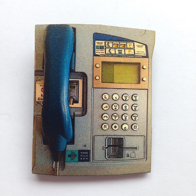 Grey Blue Payphone Call Box Kiosk Telephone Brooch Wooden Pin Image 0