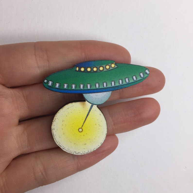 Fancy Dress Alien Outer Space Green Yellow UFO Wooden Brooch Pin Laser Cut Jewellery Quirky Birthday Gift Present Unique for Her Him