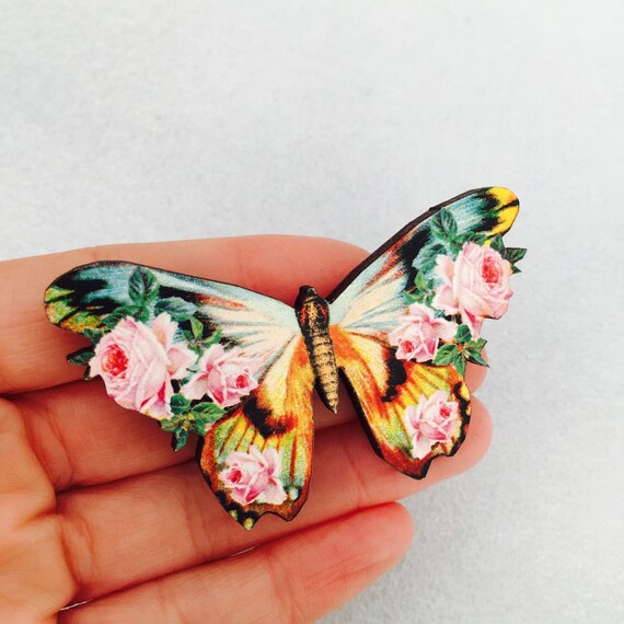 Rose Rose Et Jaune Papillon Bleu En Bois Broche Broche Cadeau Etsy