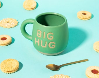 Green Big Hug Mug with Handle Cup Beige Quote Birthday Present Gift for Tea Coffee Lover Vintage His Hers Stoneware Kitchen Accessories