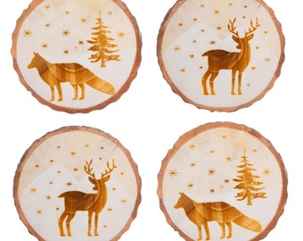 Woodland Animal Coasters Set of 4 Stag Deer Fox Christmas Tree Cabin Wood Festive Drinks