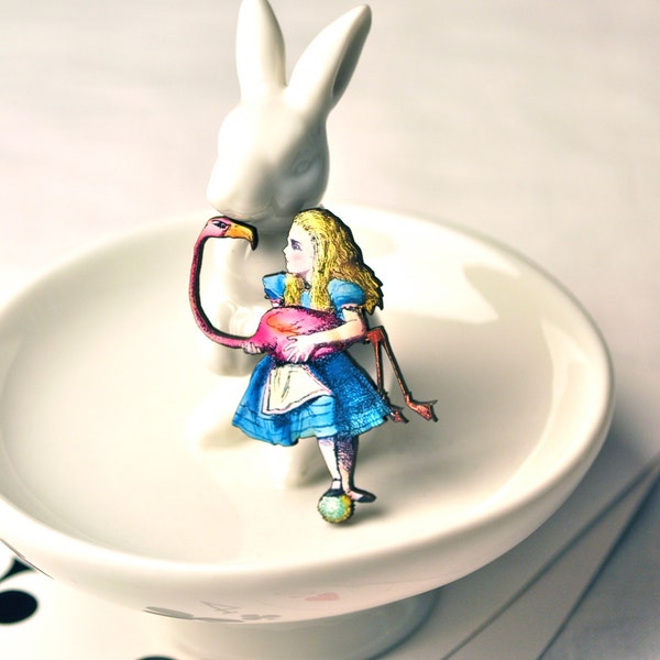 Alice in Wonderland Flamingo Wooden Brooch Unbirthday Mad Hatters Tea Party Gift for Book Fans and Women Birthday Hen Do and Bookworms