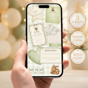 Pode incluir: Uma tela de smartphone digital exibindo um conjunto de convites para chá de bebê com um fundo xadrez verde claro. Os elementos incluem um cartão de lista de presentes em forma de estrela, um cartão de pedido de livros e um convite com cervos.