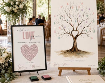 Libro de firmas con forma de árbol de huellas dactilares, alternativa para bodas, cartel de recuerdo editable (descarga instantánea)