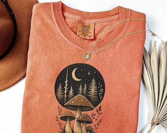 Mushroom Forest Comfort Colors Tee: Mystical Moon Graphic T-Shirt