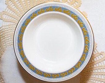 6er-Set Vintage-Schüsseln, hergestellt in den USA | Geschirr mit blauem und senfgelbem Rand