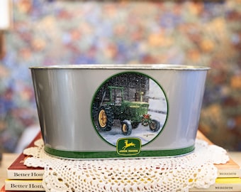 Vintage John Deere Metalldose, ovaler Traktor-Pflanzkasten, Landhausdeko