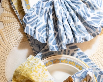 Set mit 6 wendbaren Stoffservietten | Tischwäsche mit blau-gelbem Blockdruck