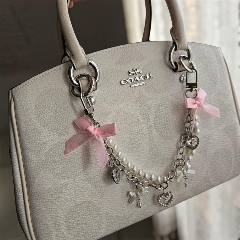 Coquette Bag Chain 10.25 in / Pink Satin Ribbon Bow & Pearl Gold or ...