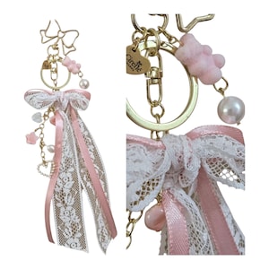 Coquette Keychain: Handmade Pink Lace Bow, Pearl Bag Charm