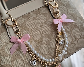 Cadena para bolso Coquette de 26 cm / Lazo de cinta de satén rosa y cadena de perla dorada o plateada con dijes
