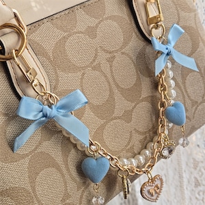 Kokette Taschenkette 26cm / Blaue Satinband Schleife & Perle / Gold oder Silber Kette mit Anhänger