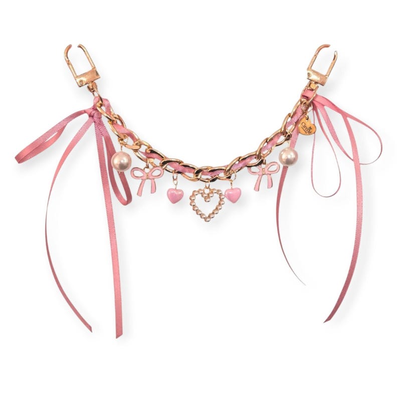 Coquette Bag Chain 8in or 15.5in / Pink Satin Ribbon Bow & Gold Chain ...