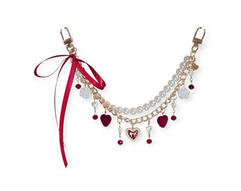 Cadena para bolso con forma de corazón de 30 cm / Lazo de cinta de satén con perla y dorado o plateado / rojo