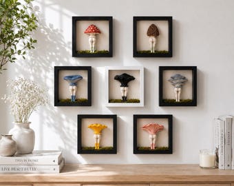 Needle Felted Mushroom Wall Art | Whimsical Woodland Shadow Box Decor
