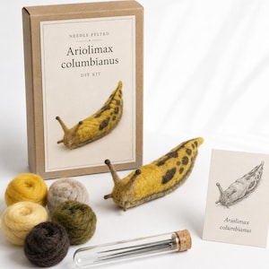 May include: A needle felted Ariolimax columbianus DIY kit featuring a cardboard box with a yellow and brown spotted slug illustration, a finished felted slug, four small wool roving balls, a glass vial with needles, and an informational card.