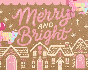 Merry & Bright Lebkuchen-Weihnachtsbanner-Vorlage | Pink Urlaub Banner Digital Download | Lebkuchenhaus Malvorlage 1 m x 1,5 m
