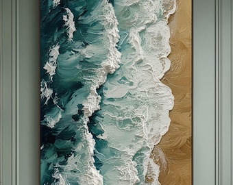 Large Abstract Ocean Wave Wall Art, Textured Coastal Beach Painting, 3D Seascape Canvas Print, Teal and Gold Modern Living Room Decor