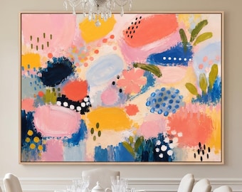 Large Colorful Abstract Canvas Wall Art | Vibrant Pink Blue Oil Painting | Eclectic Polka Dot Art | Modern Dining Living Room Decor