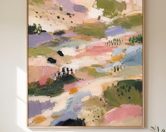 Large Abstract Landscape Canvas Wall Art | Sage Green Blush Pink Oil Painting | Pastel Country Hill Art | Above Sofa Living Room Decor