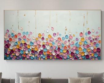 Large Horizontal Wall Art | Colorful Abstract Impasto Painting | Modern 3D Flower Petal Canvas | Textured Living Room Decor | Gift for Her