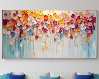 Large Abstract Floral Wall Art | Colorful Textured Canvas Painting | Modern Living Room Decor | 3D Petal Impasto Art | Oversized Hanging