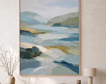 Large Abstract Landscape Oil Painting | Original Blue and Green Canvas Art | Heavy Impasto Textured Wall Art | Modern Minimalist Decor