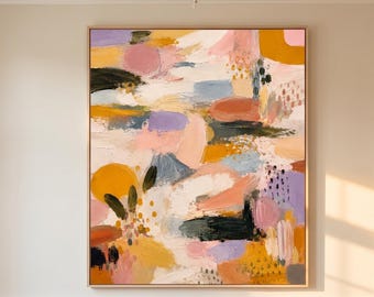 Large Colorful Abstract Canvas Wall Art, Mustard Yellow Lavender Oil Painting, Eclectic Pastel Decor, Modern Dining Living Room Art